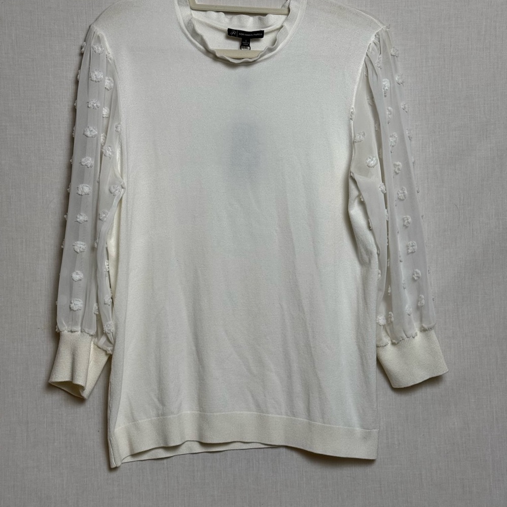 Adrianna Papell Ivory Blouse Sheer Clip-Dot Sleeves Long Sleeve Size L – NWT